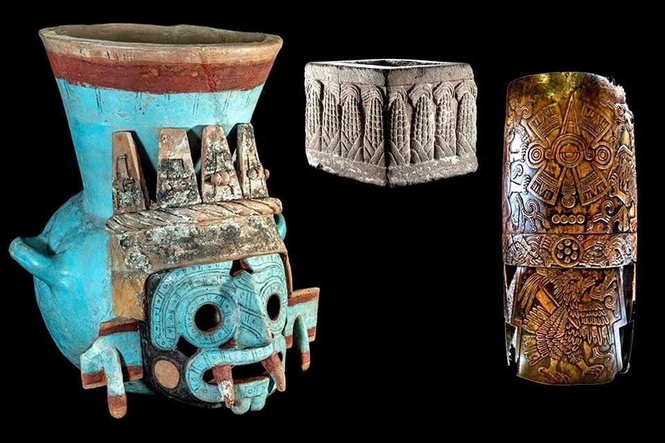 Recipiente Tláloc (izq.), Tepetlacalli con mazorcas (centro) y Tlapanhuehuetl de Malinalco (der.).