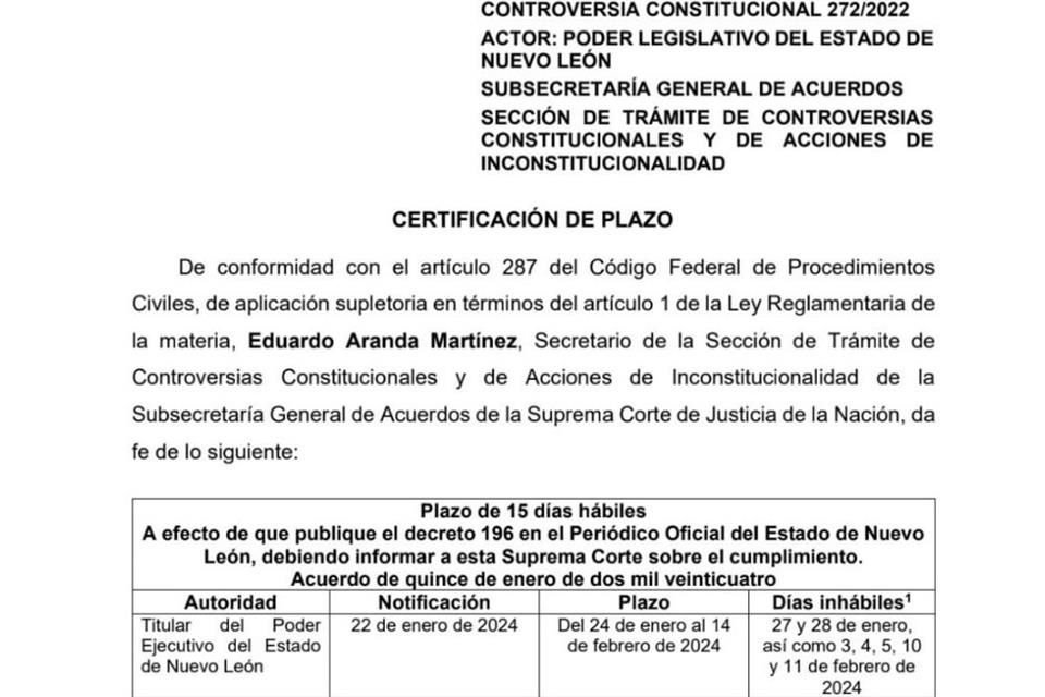 La Suprema Corte establece el 14 de febrero como fecha límite para hacer la publicación.