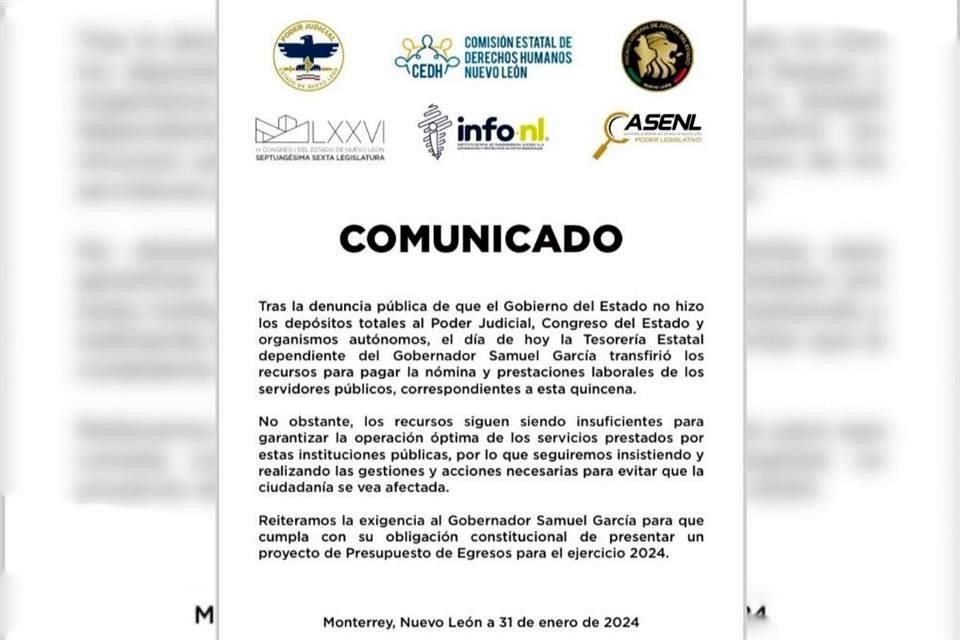 En el comunicado, los organismos demandaron al Mandatario estatal presentar un proyecto de presupuesto de Egresos para el presente año.