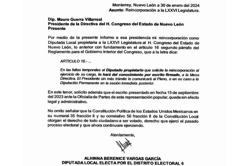 El oficio en el que Alhinna Vargas informa que se reincorpora al cargo se recibió en la Oficialía de Partes a las 9:25 horas.