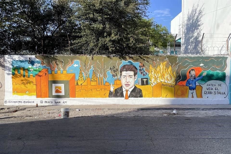 Un artista local pinta un mural en el Centro de Monterrey que critica a Samuel García y Luis Donaldo Colosio, así como la contaminación.