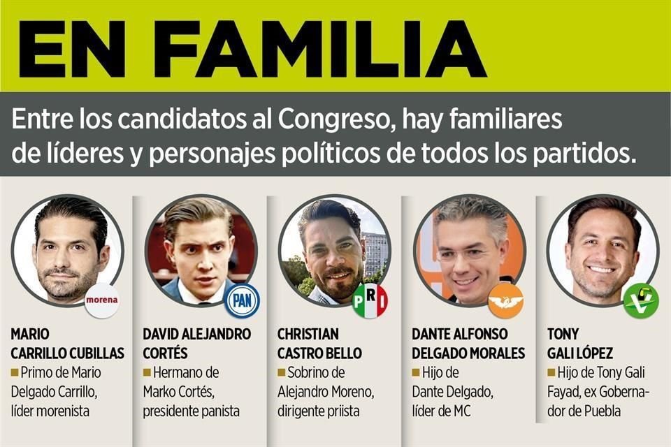 Morena, PAN, PRI, PVEM y MC colocaron en candidaturas seguras a familiares de los dirigentes partidistas y otros actores políticos de peso.