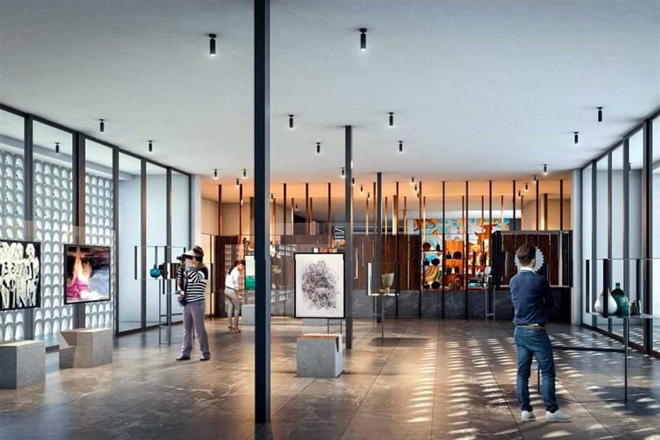 Render que ilustra cómo quedará el espacio de exposiciones temporales de la Casa de las Artesanías de Jalisco tras la restauración.