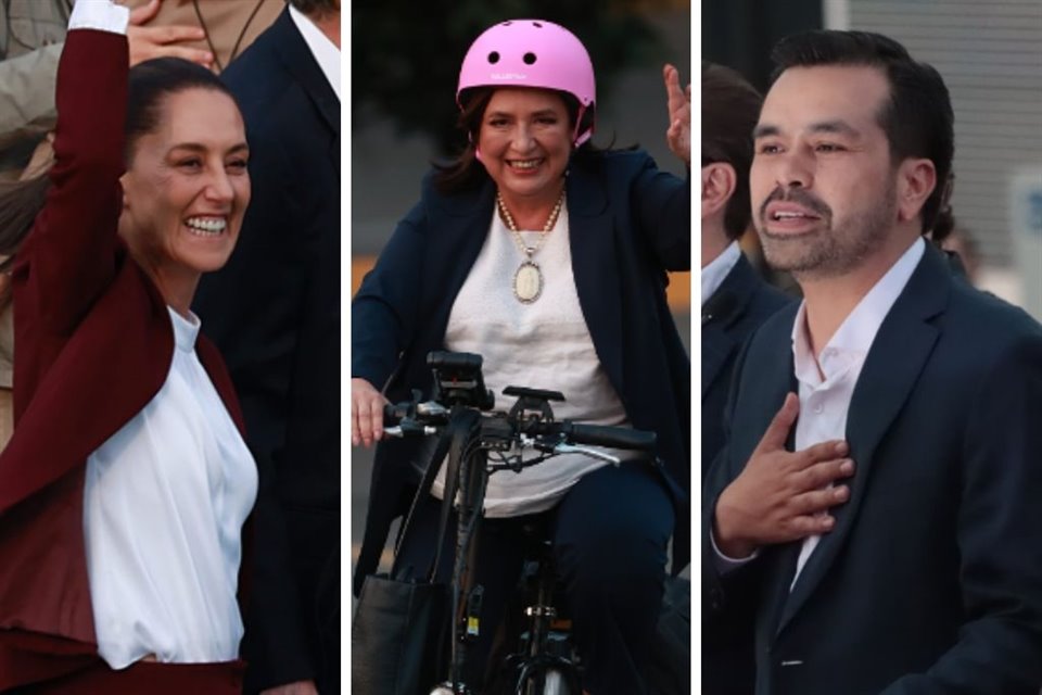 Candidatos llegaron al INE para debate electoral; Sheinbaum fue acompañada de su esposo, Xóchitl arribó en bicicleta y Máynez llegó tarde.