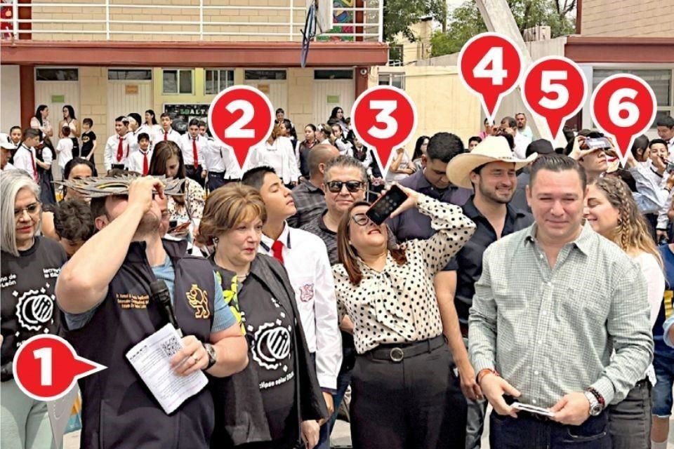 El Gobernador Samuel García (1) con la Secretaria de Educación, Sofialeticia Morales (2), y los candidatos Norma Benítez (3), Glen Villarreal (4), Jorge Luis Hinojosa (5) y Roberta Carrillo (6).