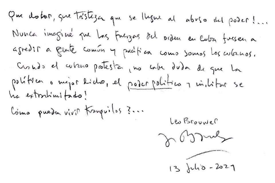 Carta que compartió en redes sociales el músico Leo Brouwer.