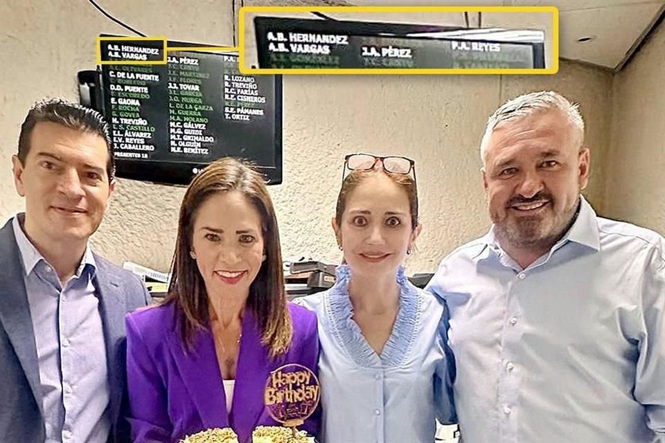 En la sala de juntas previas del PRI, Vargas (der.) pasó lista para la sesión (recuadro) y convivió por el cumpleaños de Ivonne Álvarez.