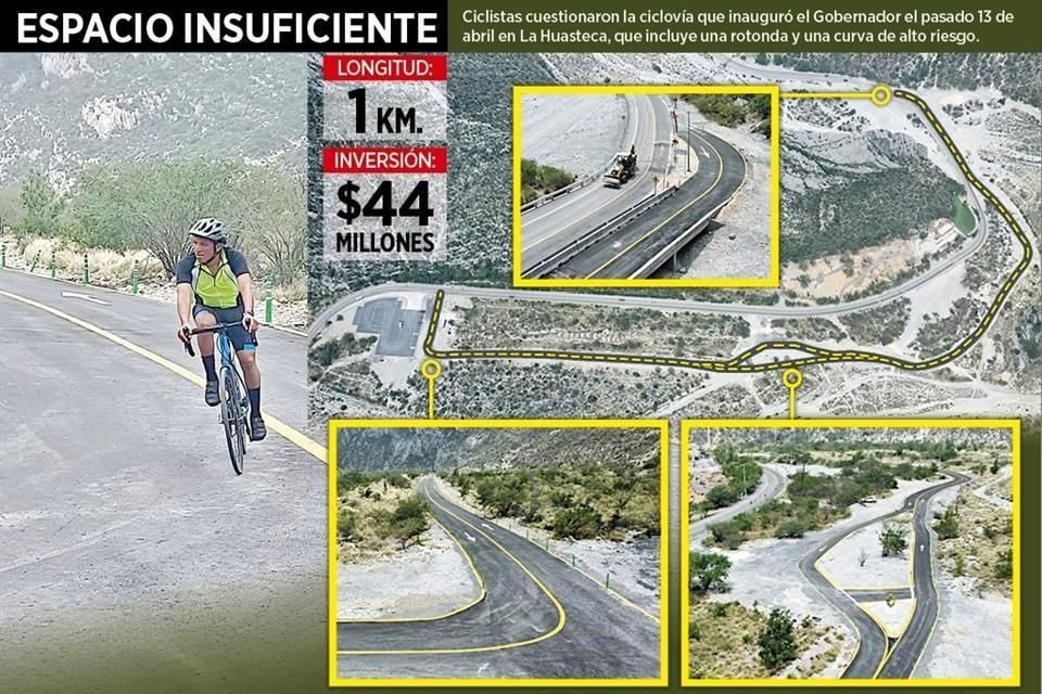 Ciclistas cuestionaron la ciclovía que inauguró el Gobernador el pasado 13 de abril en La Huasteca, que incluye una rotonda y una curva de alto riesgo.