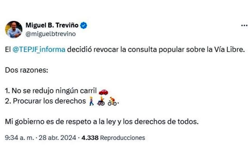 El Alcalde Miguel Treviño dio a conocer la revocación en sus redes sociales.