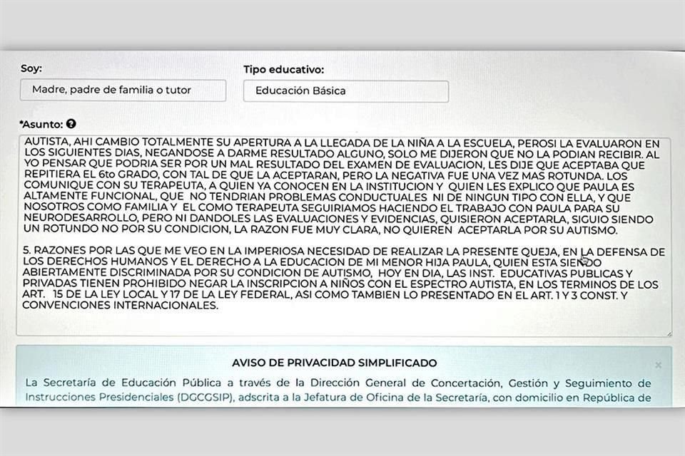 La queja en línea que se interpuso ante la SEP.