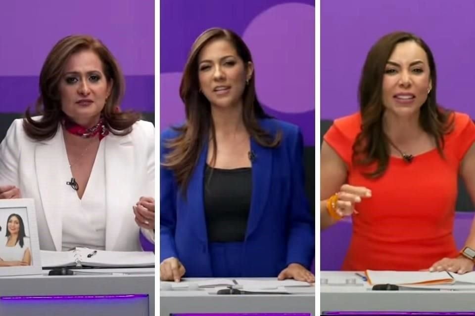 Alma Alcaraz (Morena, PVEM y PT), Libia García (PRI, PAN y PRN) y Yulma Rocha (Movimiento Ciudadano), en el debate por la gubernatura de Guanajuato.