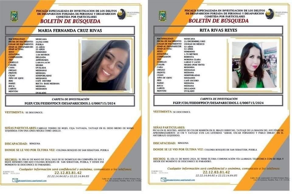 Rita Rivas Reyes, de 53 años; su hija, María Fernanda Cruz Rivas, de 25, y sus nietos Airam, de 6, y los gemelos Óscar y Pablo, de 1 año, no han sido localizados.