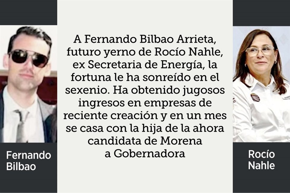 A Fernando Bilbao, yerno de Nahle, ex Secretaria de Energía, la fortuna le ha sonreído. Ha obtenido jugosos ingresos en empresas y en un mes se casa con hija de la ahora candidata a Gobernadora.