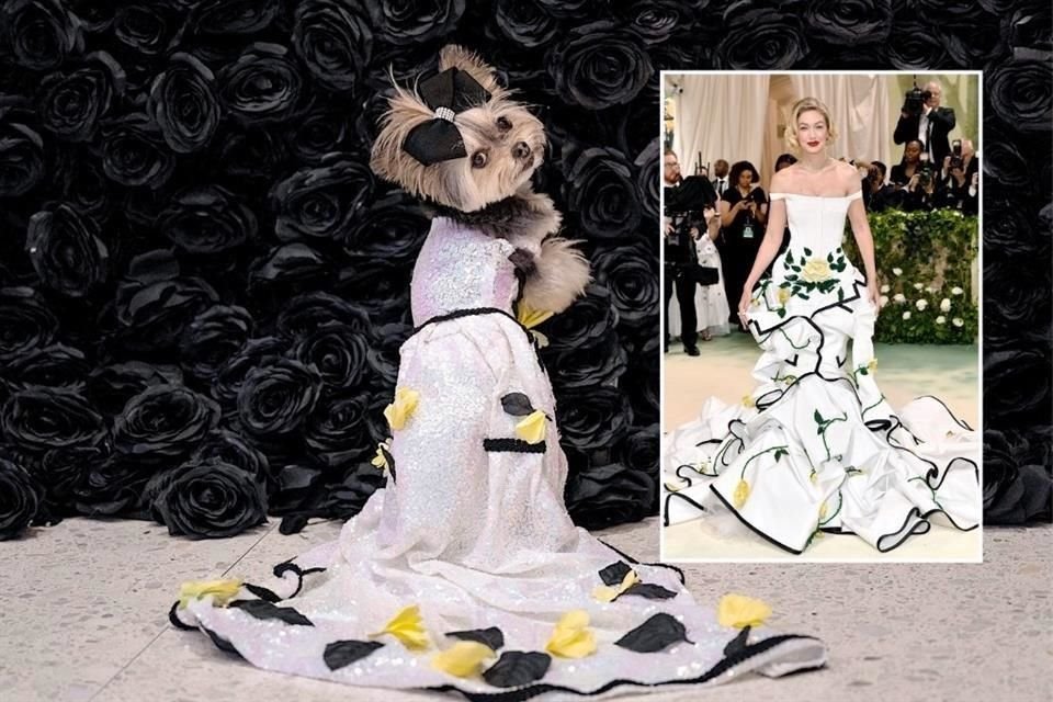 Livie, una Morkie vestida como la modelo estadounidense Gigi Hadid, posa durante la 'The Pet Gala' en el Museo del perro AKC en la ciudad de Nueva York.