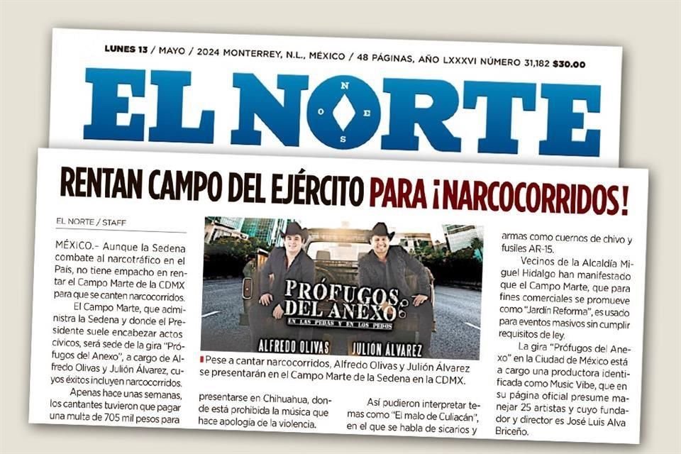 La presentación en el recinto de la Sedena de cantantes que interpretan narcocorridos fue exhibida el 13 de mayo pasado.