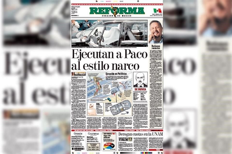 Así publicó REFORMA la noticia del asesinato de Paco Stanley en la edición del 8 de junio de 1999.