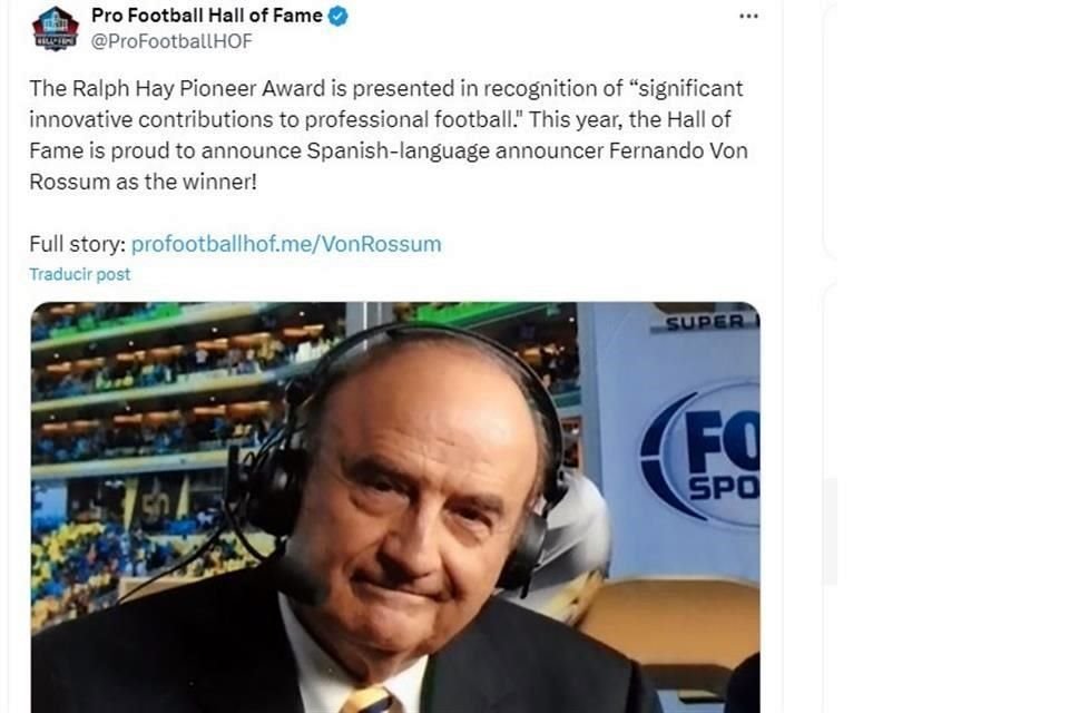 Así anunció el Salón de la Fama de la NFL el reconocimiento a Fernando Von Rossum.