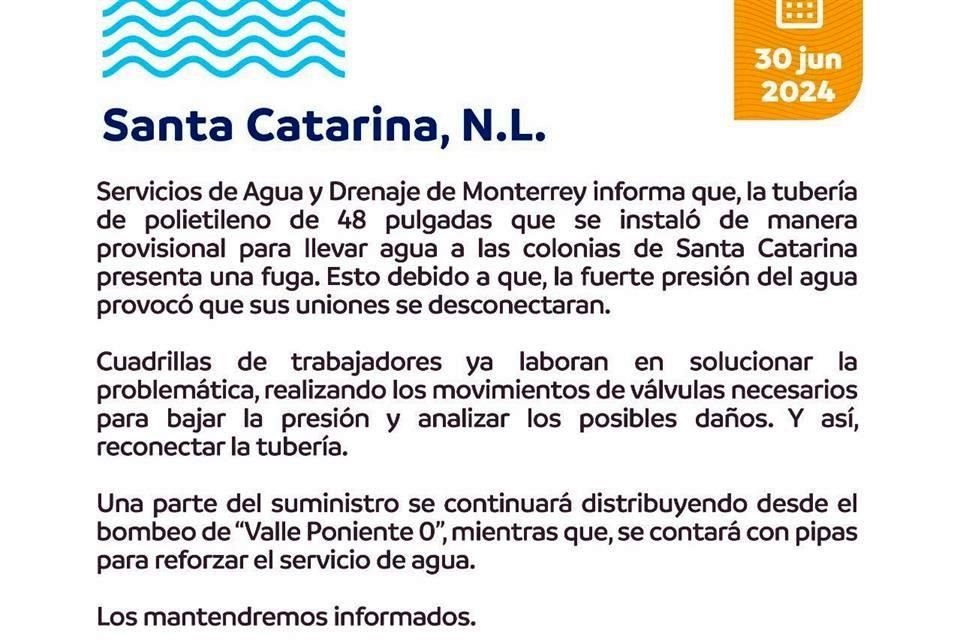 El comunicado de Agua y Drenaje.