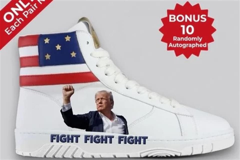 Una empresa propiedad de Donald Trump está vendiendo tenis con la imagen del ex Presidente con sangre en la mejilla y el puño alzado.