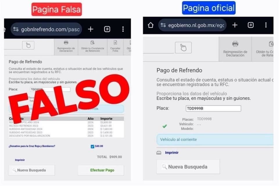 El Gobierno estatal compartió una imagen comparativa entre el sitio falso y el verdadero, para evitar que los usuarios del ICV caigan en algún tipo de fraude.