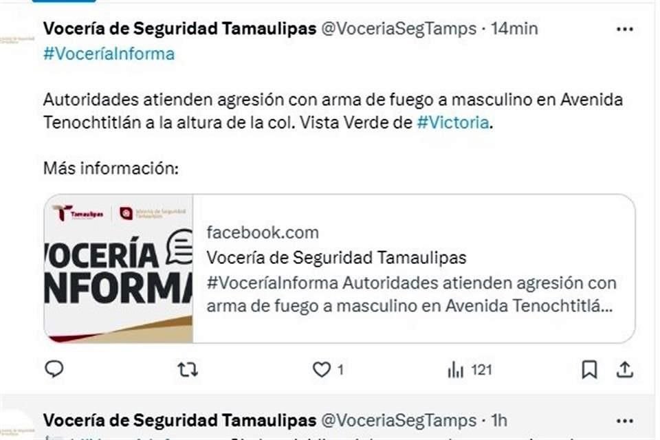 La Vocería de Seguridad Tamaulipas reportó que atendía una agresión con arma de fuego en la Avenida  Tenochtitlán.