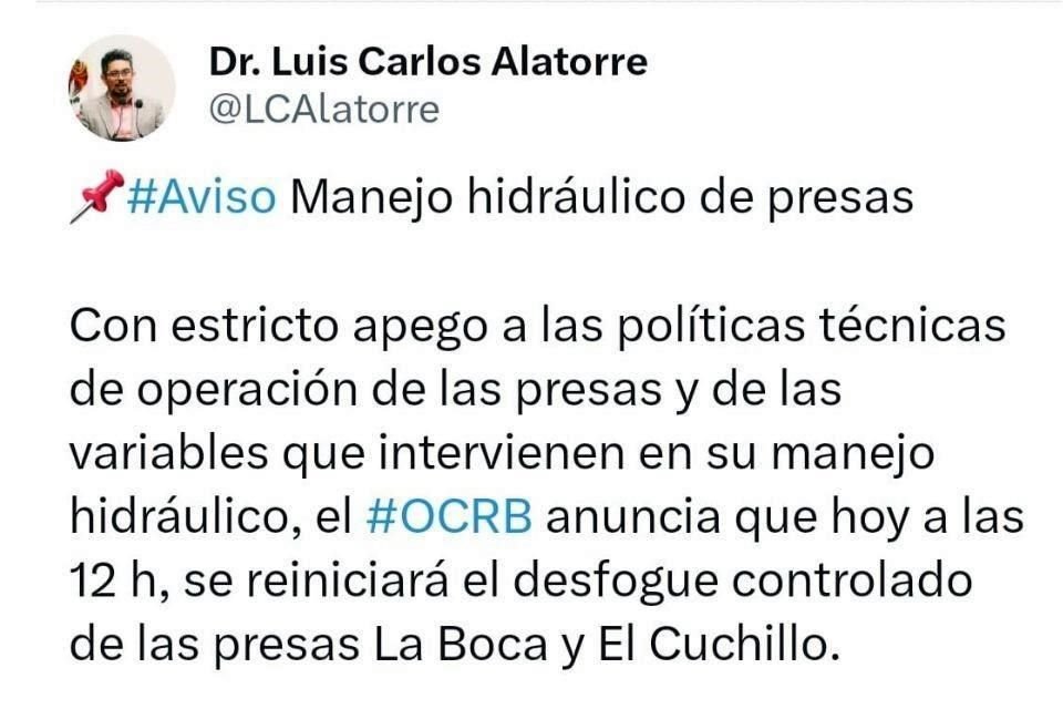 El anuncio del nuevo desfogue fue realizado por Luis Carlos Alatorre, director regional de la Conagua.