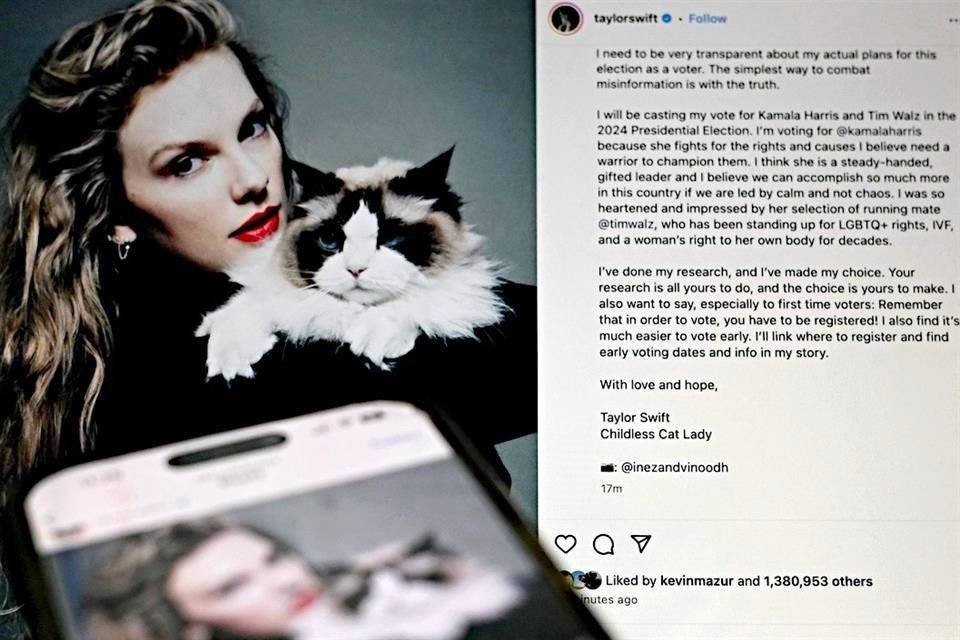 Swift incluyó una foto de ella sosteniendo a su gato Benjamin Button, y firmó el mensaje como 'Childless Cat Lady', en su post en apoyo a Kamala.