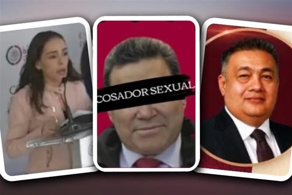 Erandy García (izquierda) acusa a su ex jefe Alfredo Álvarez (centro) de acosarla laboral y sexualmente en 2020, y éste ser protegido por Miguel Urrutia (derecha).