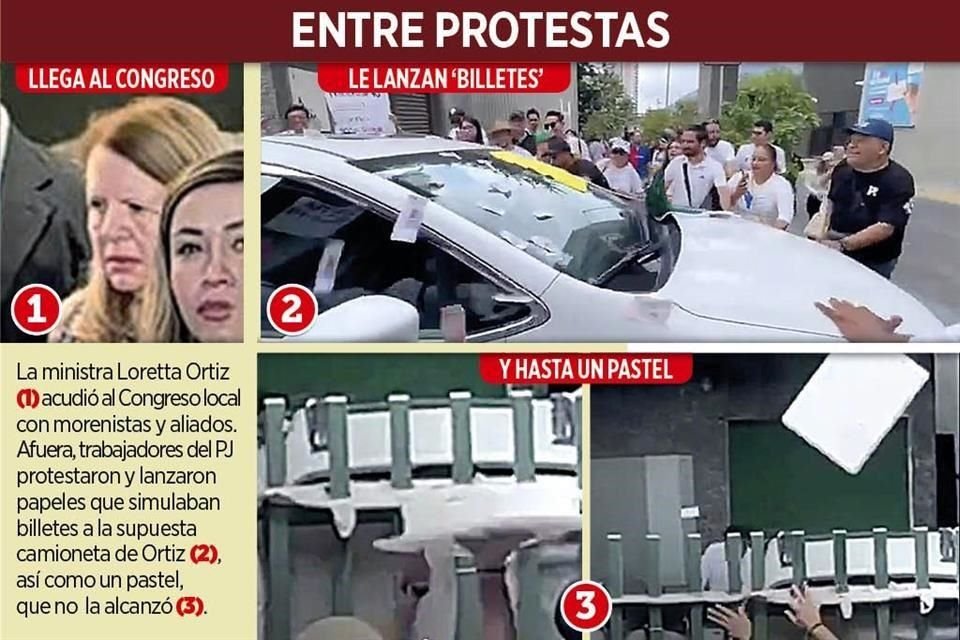 La ministra Loretta Ortiz acudió al Congreso local con morenistas y aliados, pero afuera trabajadores del PJ protestaron y objetos a la camioneta que la transportaba.