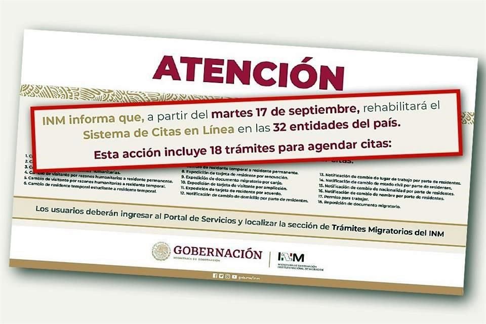 El Instituto Nacional de Migración (INM) informó que a partir de mañana se podrán agendar citas en línea para 18 trámites para extranjeros en los 32 Estados del País.