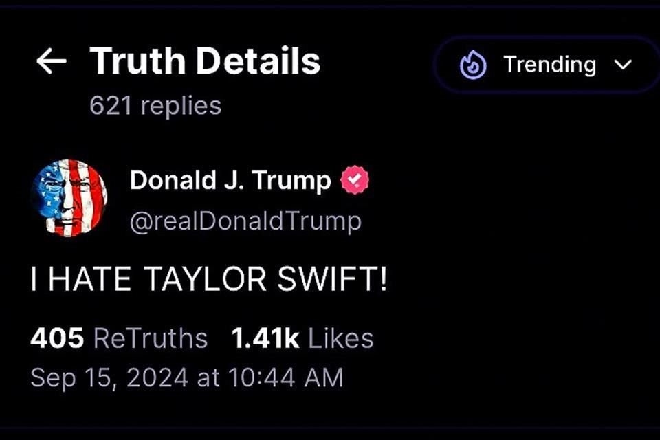 El candidato republicano Donald Trump, arremetió contra la cantante Taylor Swift luego de que ella apoyara públicamente a la candidata demócrata Kamala Harris en un comunicado.