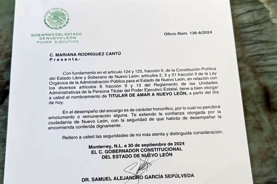 El nombramiento de Mariana Rodríguez al cargo honorífico fue otorgado por su esposo, el Gobernador Samuel García.