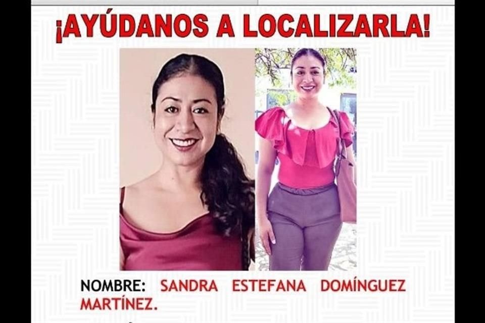 Sandra Estefana Domínguez fue reportada como desaparecida desde el pasado 4 de octubre cuando viajaba en una carretera entre los límites de Oaxaca con Veracruz.