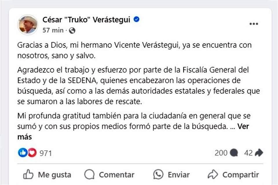 César 'Truko' Verástegui  publicó en sus redes un mensaje para agradecer a quienes apoyaron para lograr el rescate de su hermano Vicente.