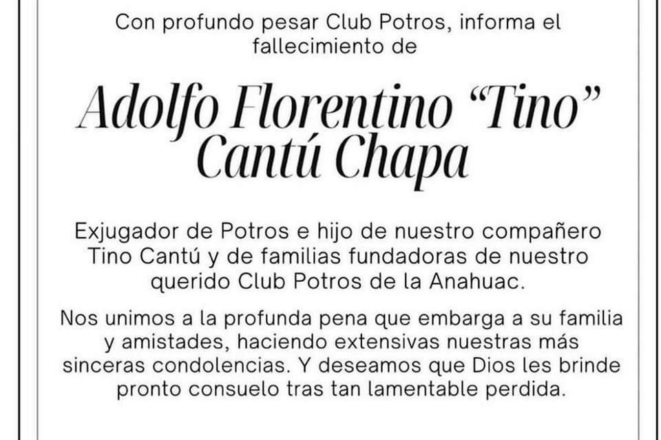 El Club de Fútbol Americano Potros de la Anáhuac lamentó el fallecimiento de Cantú Chapa.