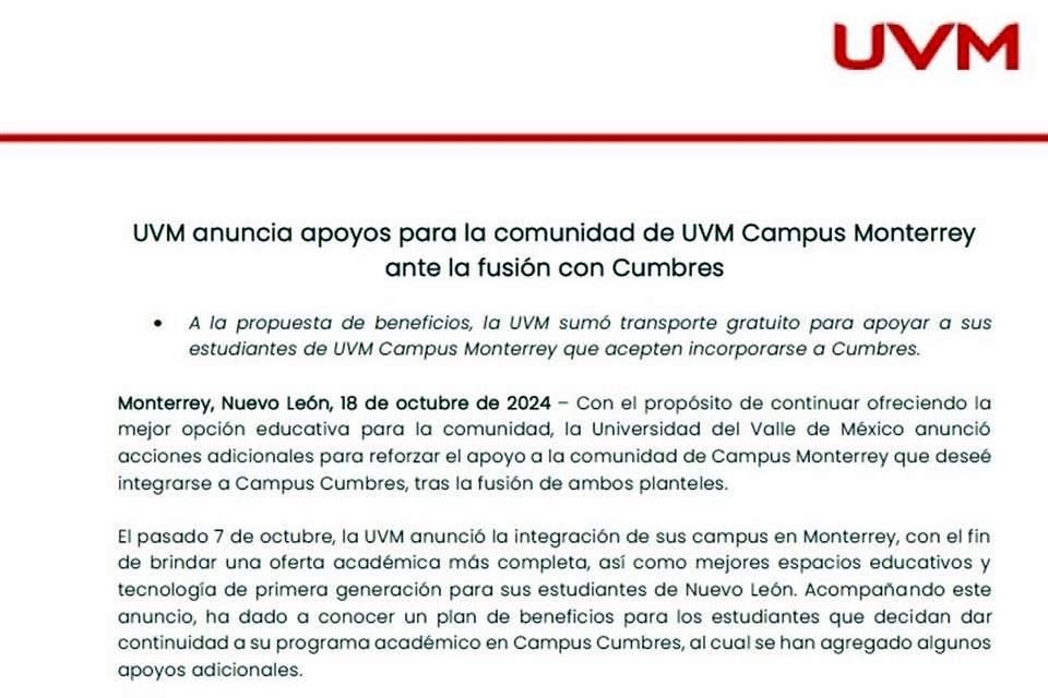 Comunicado de la UVM ante la fusión con Cumbres.