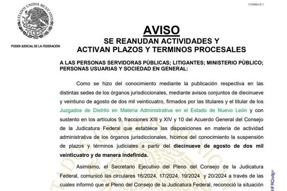 Juzgados en Materia Administrativa en NL anuncian reanudación de labores a partir del lunes 28 de agosto tras paro por rechazo a reforma.