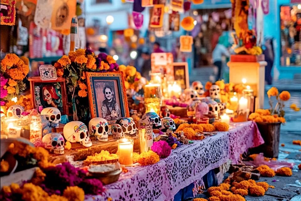 El altar de muertos está lleno de platillos, como tamales, mole, chocolate caliente, etc.