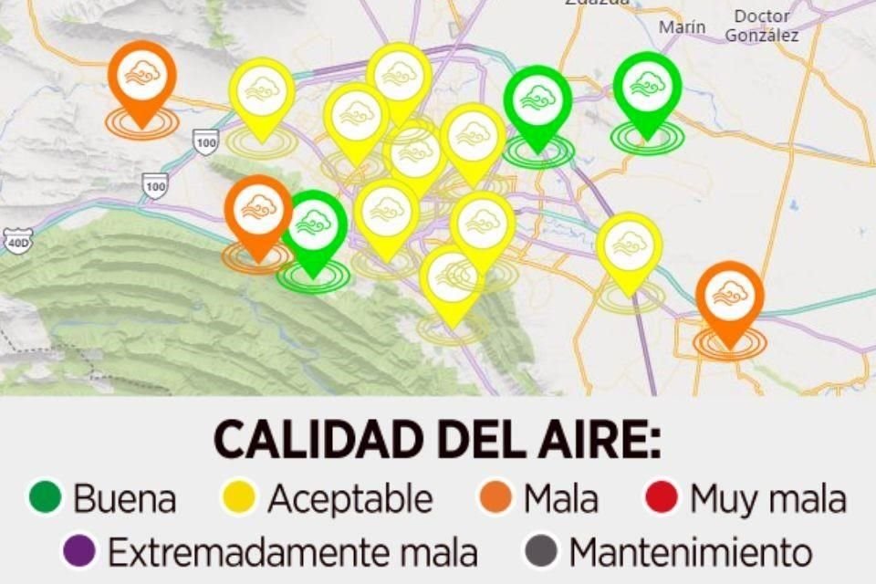 Al corte de las 11:00 horas, las estaciones en García, Santa Catarina y Cadereyta son las que registran la mala calidad del aire.