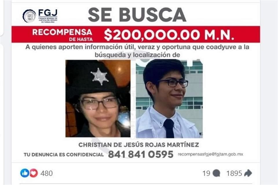 La Fiscalía de Tamaulipas ofrece una recompensa de 200 mil pesos a quien aporte datos para dar con Christian de Jesús Rojas Martínez.