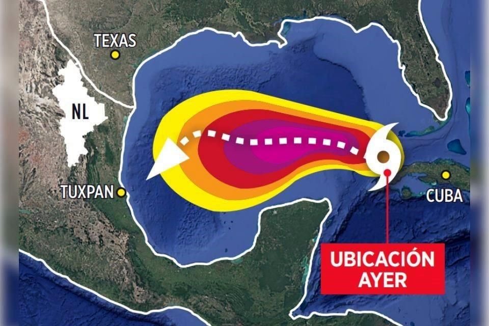 El huracán 'Rafael', que impactó a Cuba, se enfila hacia el Golfo de México (flecha punteada), y podría ir hacia Veracruz.