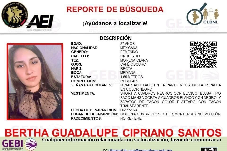 Bertha Guadalupe Cipriano Santos, de 27 años, desapareció desde el viernes 8 de noviembre.