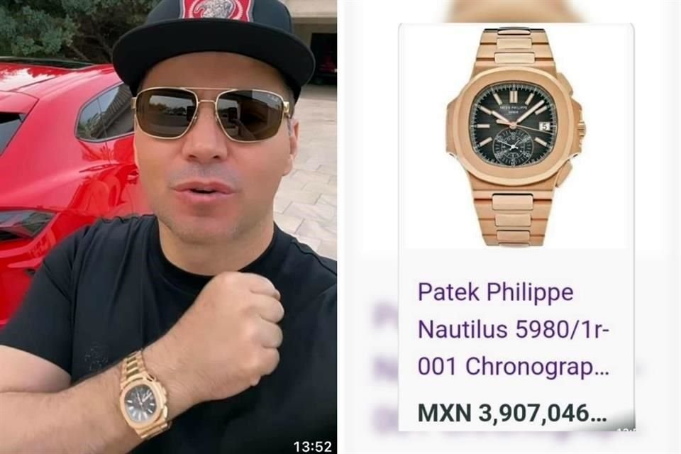 'Tony' Flores presume en su muñeca un reloj que tiene las mismas características de un Patek Philippe, de la línea Nautilus en oro.