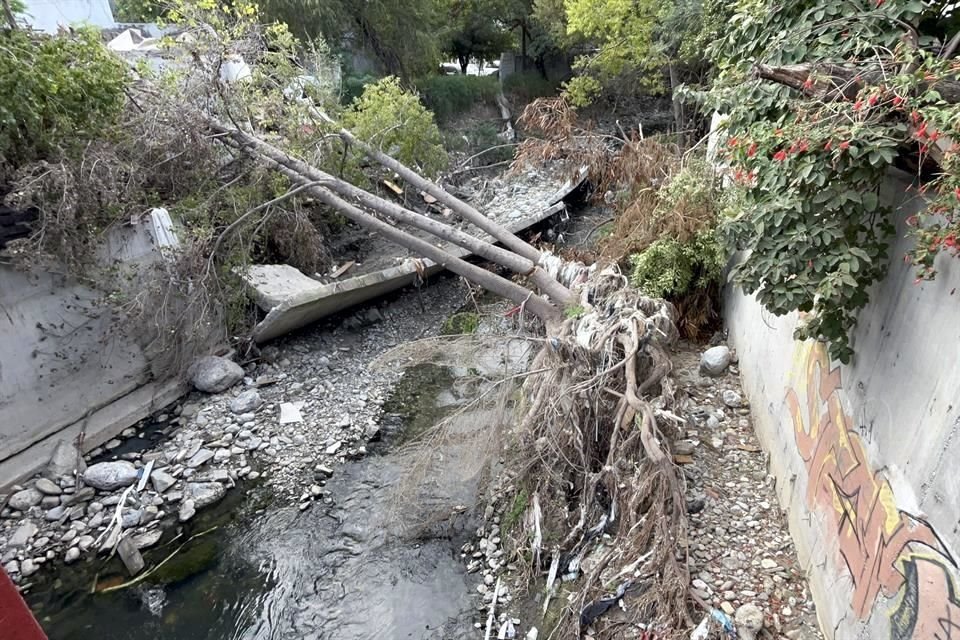 Vecinos denuncian que hay árboles de gran tamaño caídos en el arroyo, pedazos de tubería y una sección de la calle levantada.