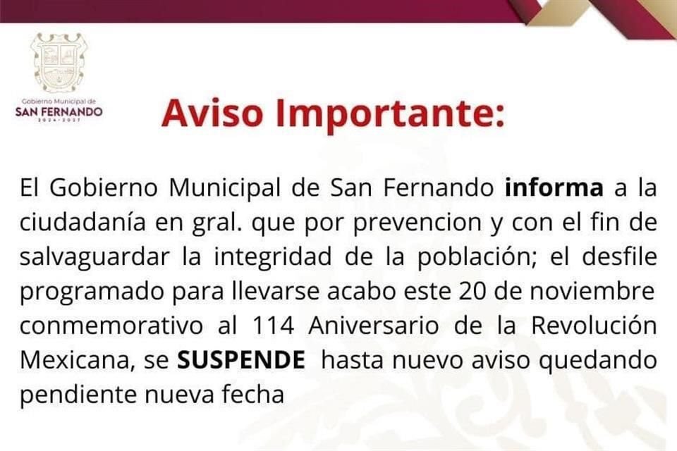 El Gobierno de San Fernando anunció la cancelación del desfile por medio de una publicación en sus redes sociales.