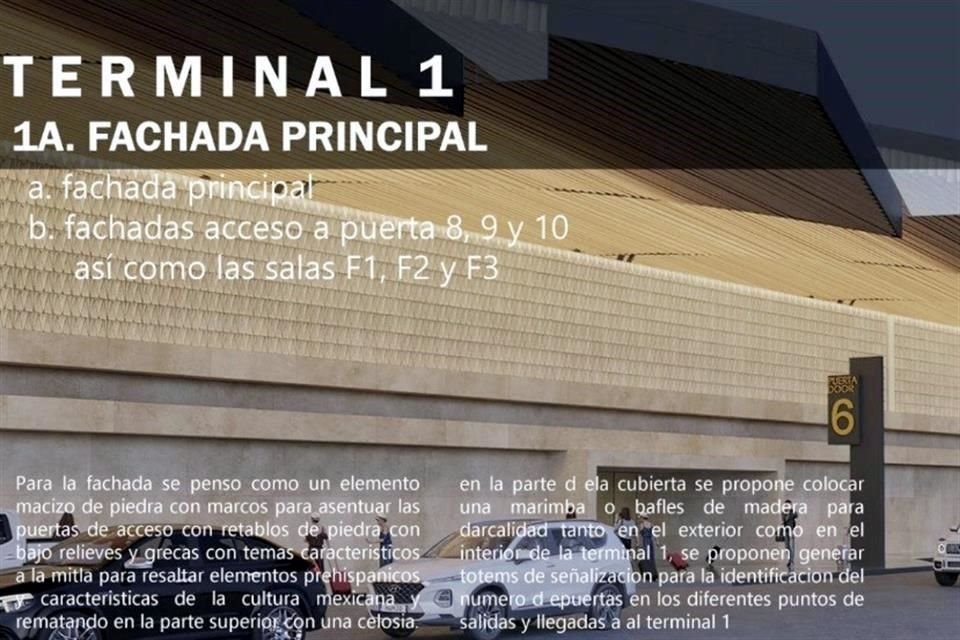 La nueva fachada de la Terminal 1 incorporará retablos pétreos con bajorrelieves y grecas que emulan la arquitectura prehispánica de Mitla, Oaxaca.