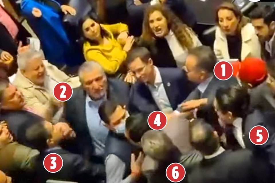 (1) Mario Humberto Vázquez (PAN-Chih.) insulta a Yunes desde su escaño. (2) Adán Augusto lo encara, exige una disculpa. (3) Miguel Ángel Yunes reta a golpes al panista (4) Enrique Vargas. Adán empuja a Vargas. (5) El morenista Luis Fernando Salazar jalonea a Vargas. (6) Manuel Velasco detiene pelea