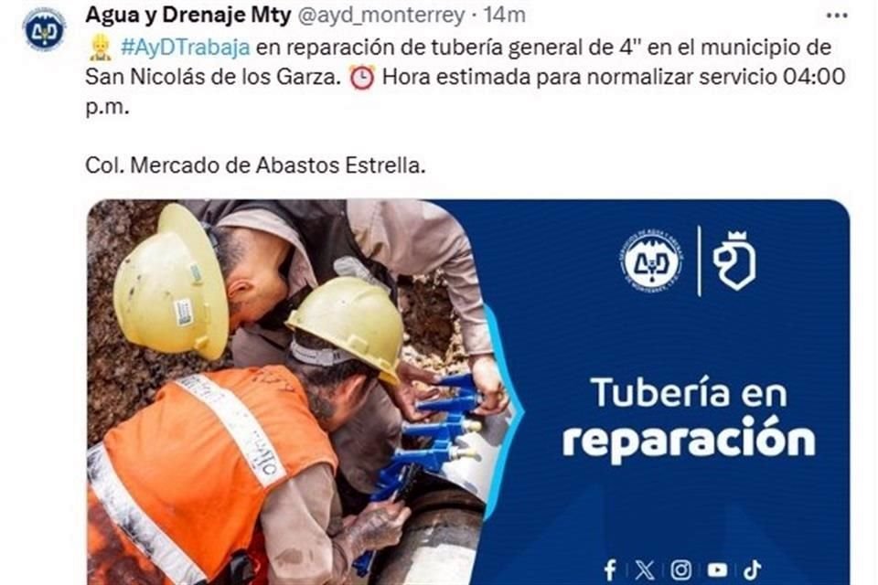 Agua y Drenaje de Monterrey anuncia cortes de agua e diferentes puntos de la Ciudad por trabajos de reparación en la red de tuberías.