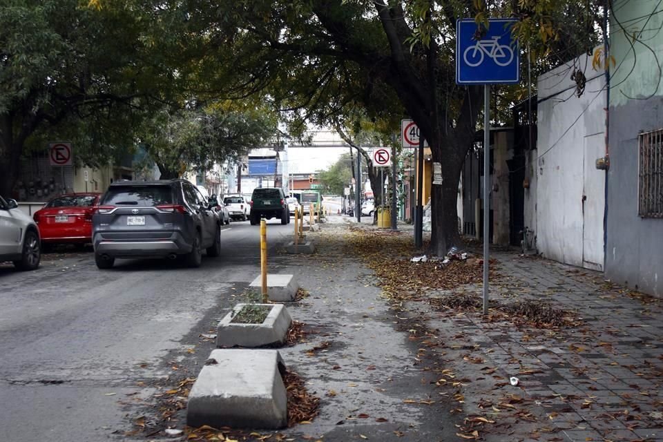 La ciclovía en la calle Aramberri, en Monterrey, luce descuidada y ha sido cuestionada por especialistas..
