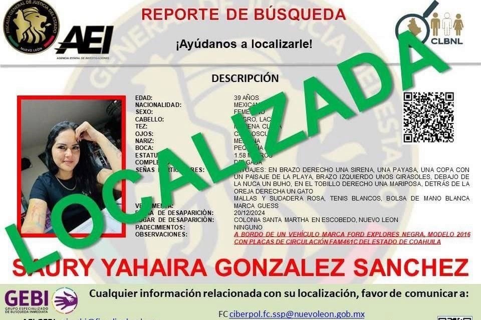 Saury Yahaira González Sánchez fue reportada como desaparecida desde el 20 de diciembre en la Colonia Santa Martha, en Escobedo.